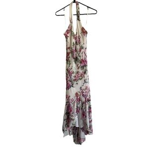 Nina Austin 100% Silk Floral Halter Dress, High Low Hem, Size XS